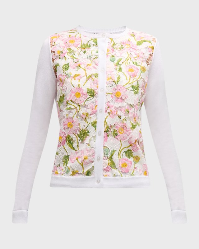 Floral-Print Botanical Lace-Inset Knit Cardigan